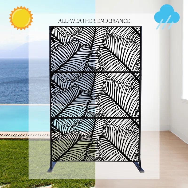 Kozyard Kozyard Metal Privacy Screen Decorative Outdoor Divider With Stand Panels (Black Palm Leaf)
