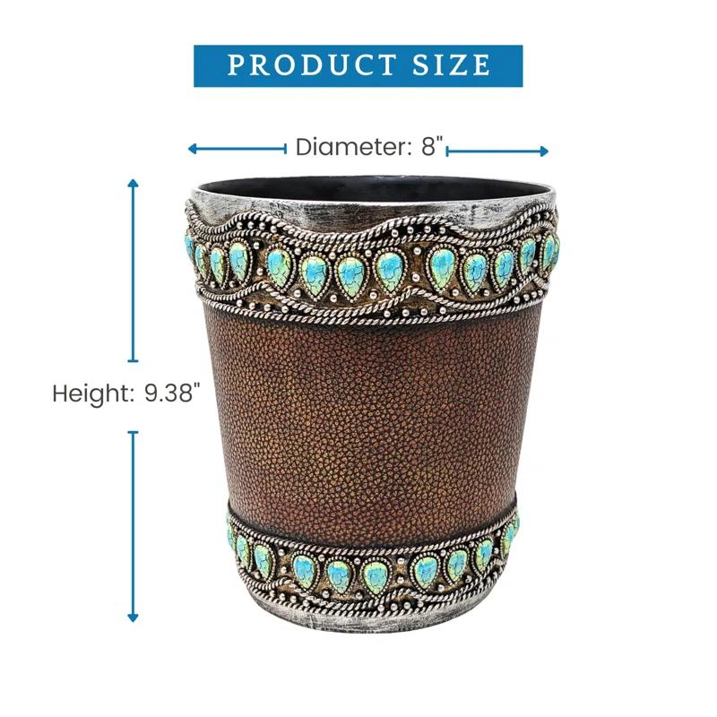 Decor Idea Decorative Resin Faux Leather Small Wastebasket with Turquoise Gem - Southwestern Rustic Trash Bin