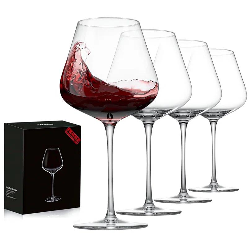 Set Of 4-21 Ounce Hand Blown Italian Style Crystal Burgundy Wine Glasses - Lead-Free Premium Crystal Clear Glass - Gift-Box For Any Occasion