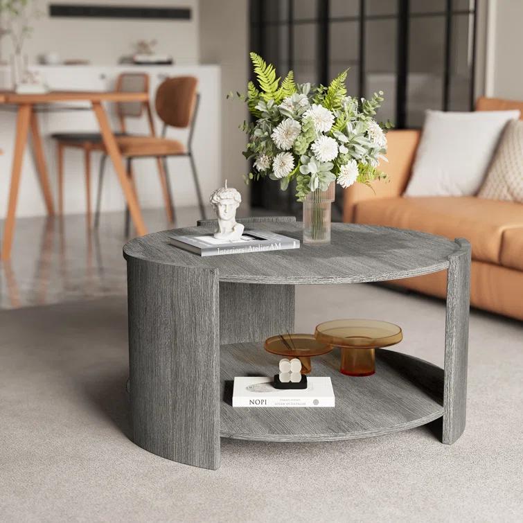 Ebern Designs Michaelee Round Coffee Table, 36" Rustic Modern Circle Coffee Tables with 2 Tier Storage Shelf, Cocktail Table for Living Room Apartment
