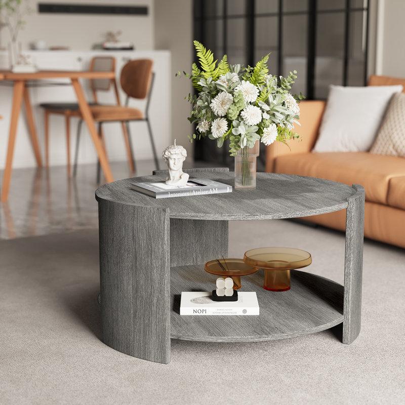 Michaelee Round Coffee Table, 36" Rustic Modern Circle Coffee Tables with 2 Tier Storage Shelf, Cocktail Table for Living Room Apartment