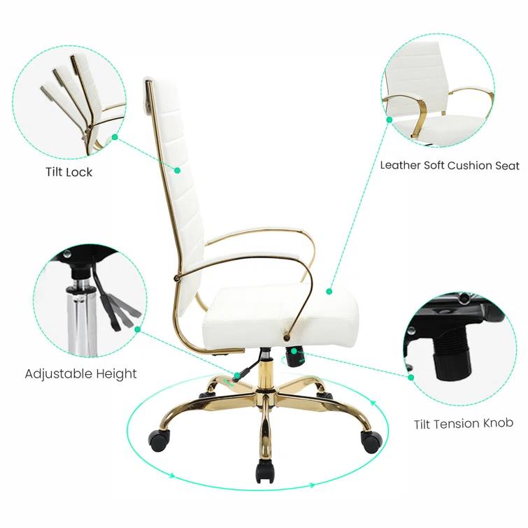 Everly Quinn Humairaa Leather Office Chair – Executive Task Chair with Swivel, Adjustable Height & Gold Base for Home Office or Conference Room