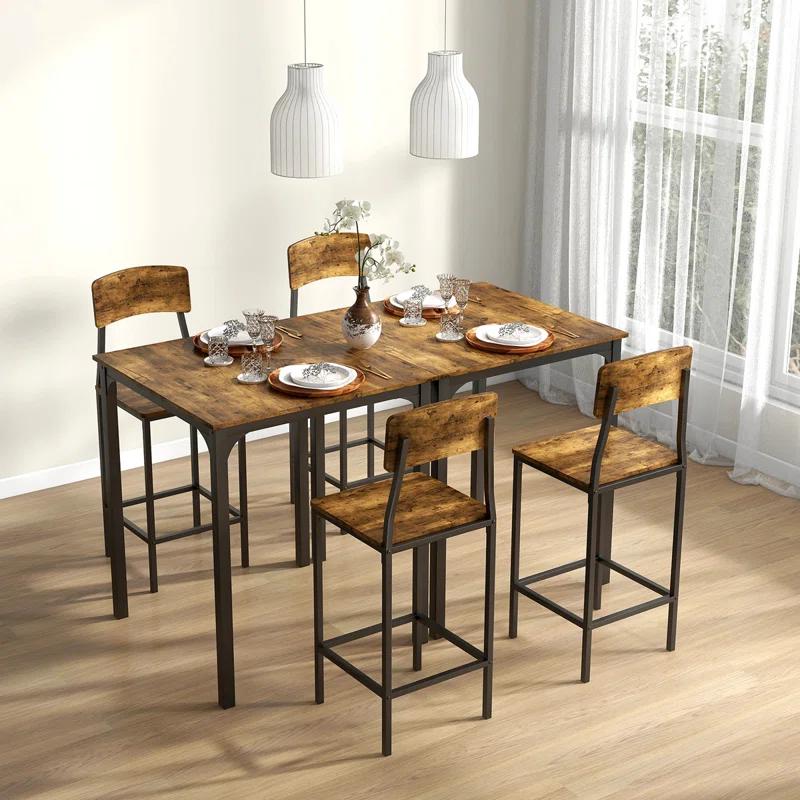17 Stories 3 Piece Square Industrial Small Dining Table Set, Bar Table and Chairs Set, Rustic Brown and Black