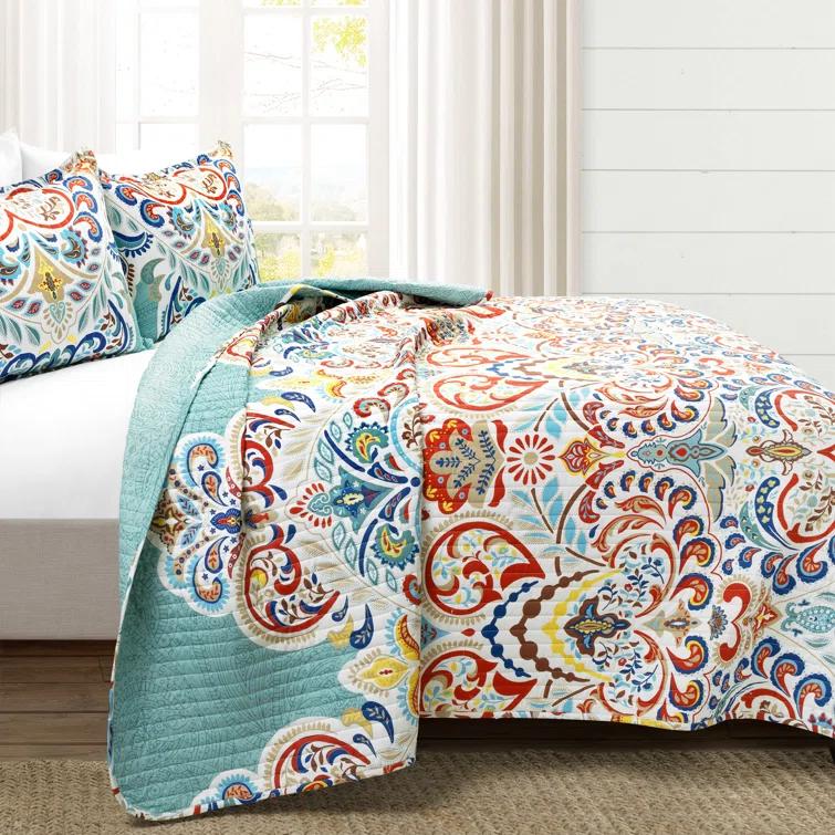 Lush Decor Boho Chic Reversible Oversized Cotton Quilt Seafoam/Red 3Pc Set Full/Queen