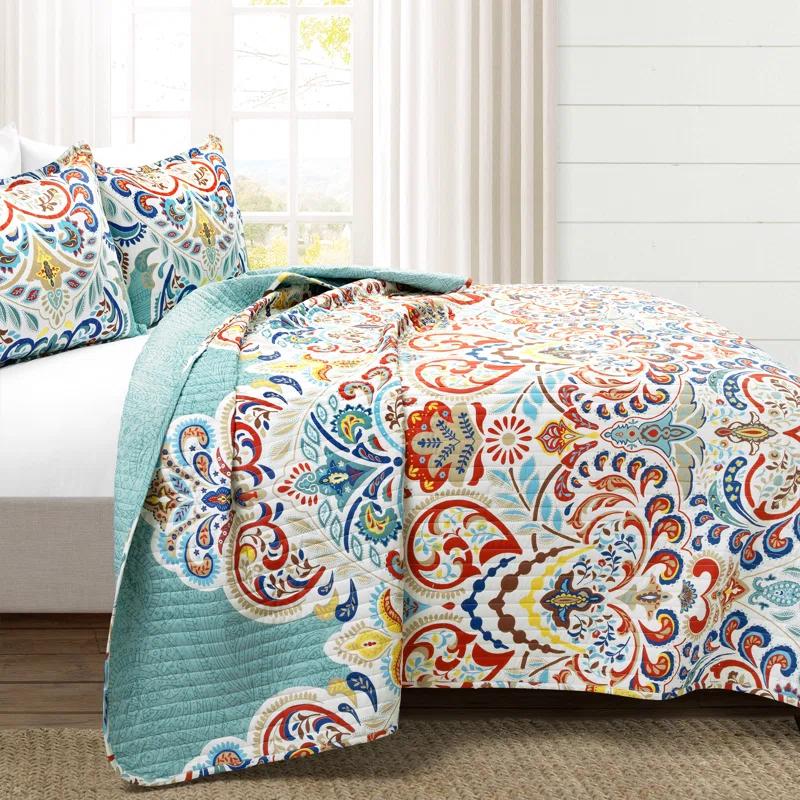 Boho Chic Reversible Oversized Cotton Quilt Seafoam/Red 3Pc Set Full/Queen