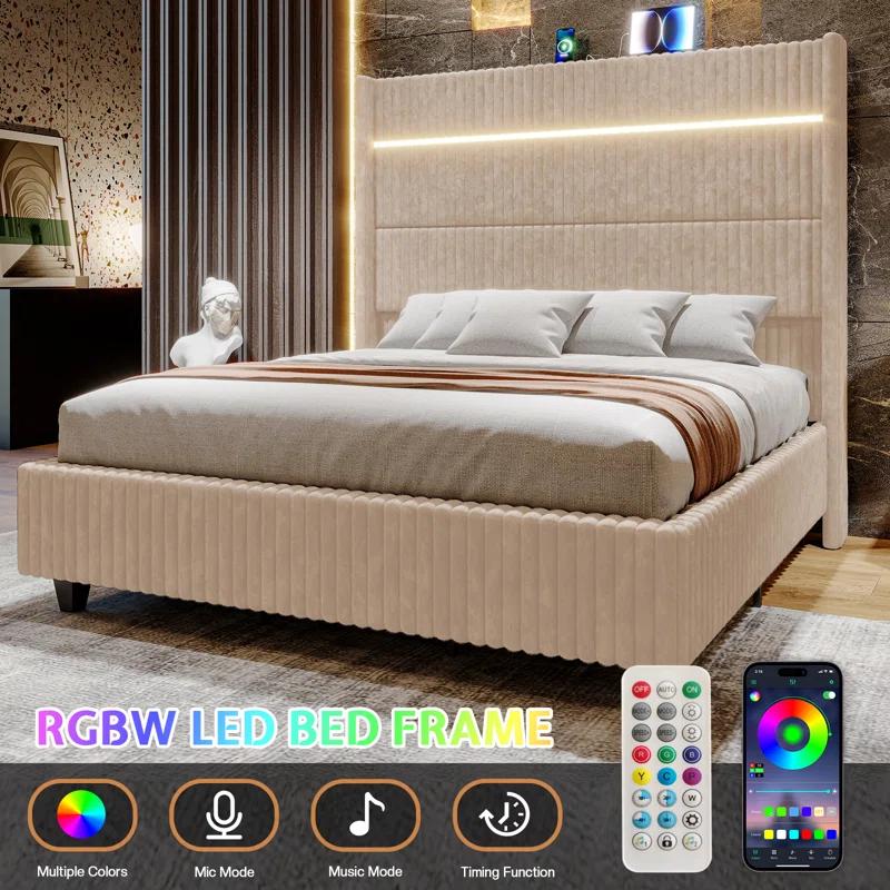 Ivy Bronx LED Bed Frame, Corduroy Upholstered Platform with 60" Tall Headboard & Charging Station