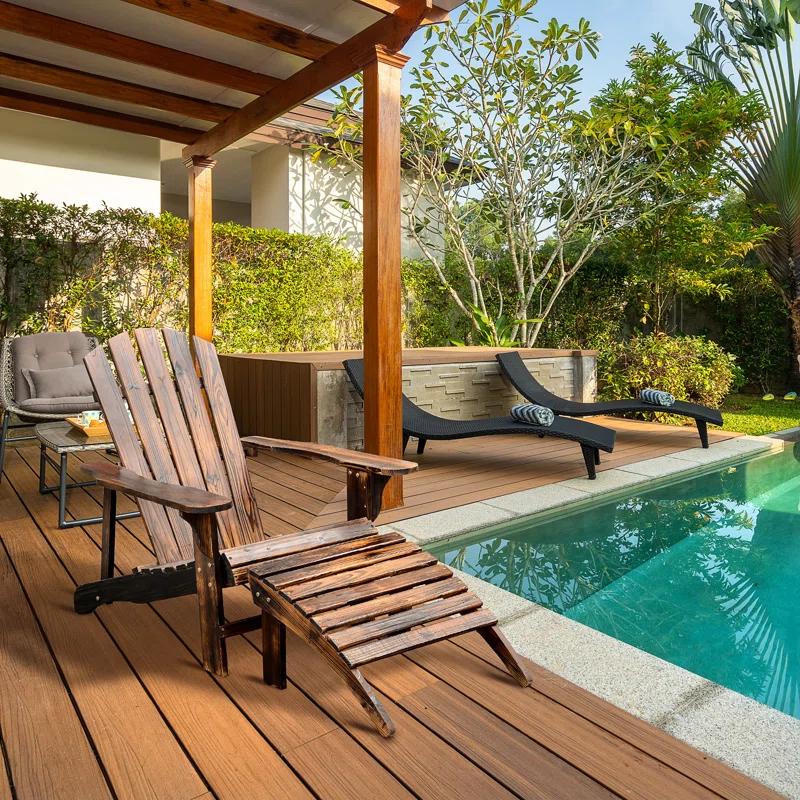 Audiohome Wooden Adirondack Chair Outdoor Patio Lounge Chair W/ Ottoman - Rustic Brown