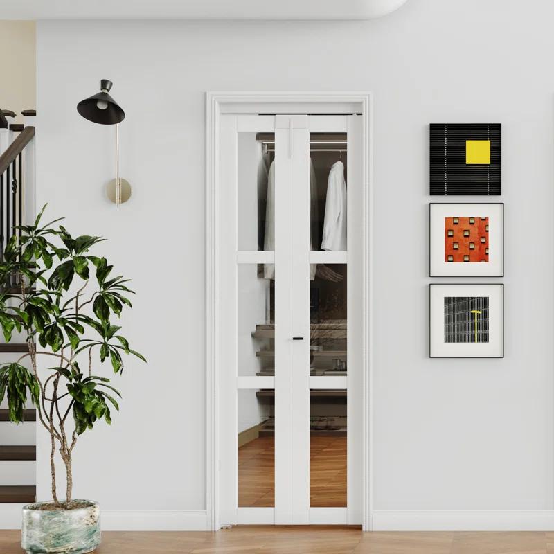 DOOOLI Glass Bifold Door - 3 Lite Transparent Glass Design With Bifold Door Lock & T Shape Handle