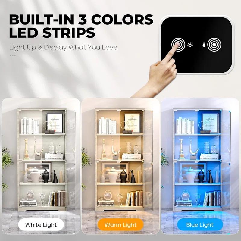Display Cabinet with Glass Doors, 4-Tier Curio Cabinet&Bookcase with 3 Color Light for Collectibles