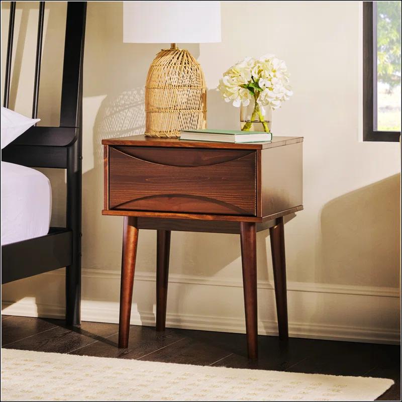 George Oliver Mid-Century Modern 1-Drawer Solid Wood Nightstand – Walnut