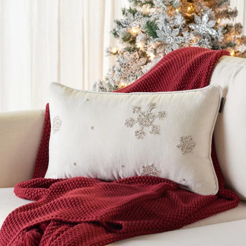 White Embroidered Rectangular Snowflake Throw Pillow