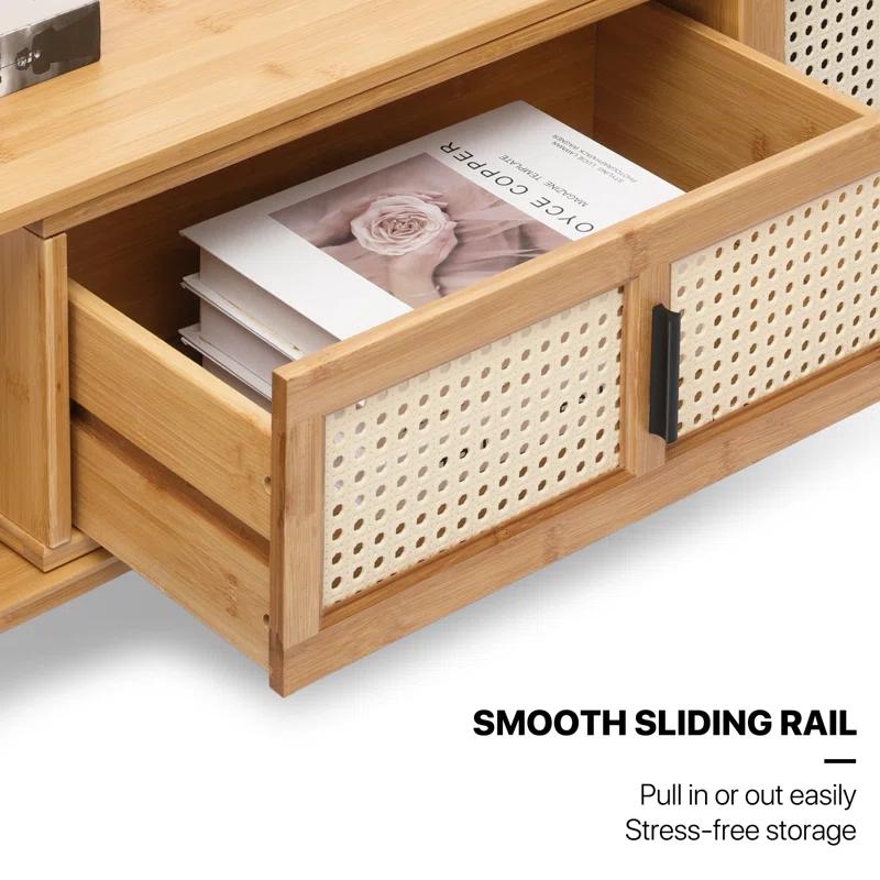 MoNiBloom Bamboo TV Stand with Storage Cabinet, 54" to 82.5" Extendable Length TV Console for Home Living Room