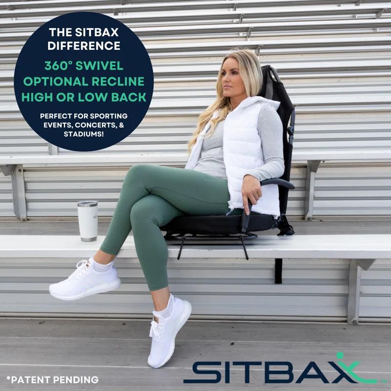 Sitbax SitBax Black Padded Bleacher Seat – The Ultimate Reclining Stadium Chair with Full Back & Neck Support and 360° Swivel – Lightweight, Foldable, and Portable with Backpack Straps - Patent Pending