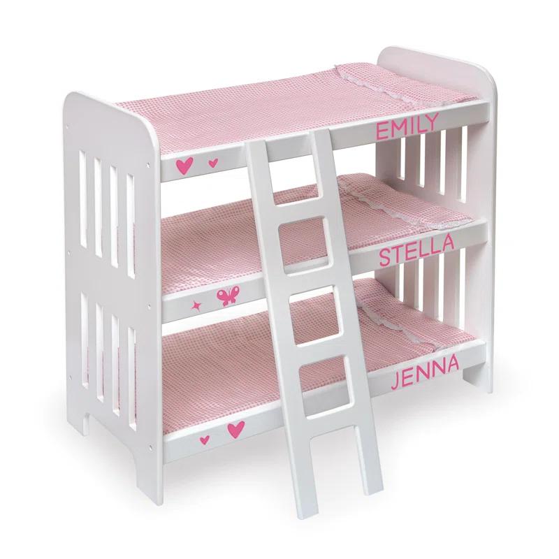 Badger Basket Triple Doll Bunk Bed with Ladder, Bedding, and Free Personalization Kit - Pink Gingham
