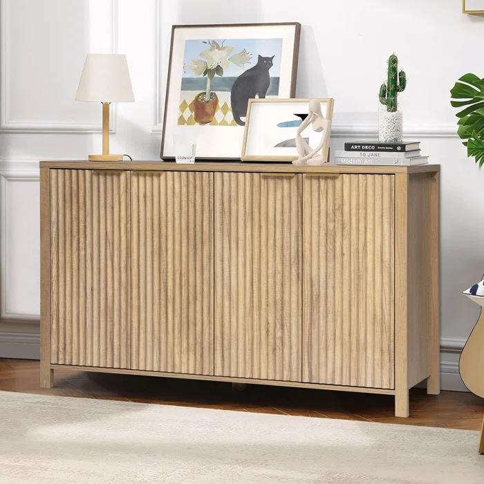 Ebern Designs Fluted Buffet Sideboard Cabinet with Storage, Modern Wave Fluted Buffet Credenza with Adjustable Shelves, 4 Door Accent Bar Cabinets Console Table