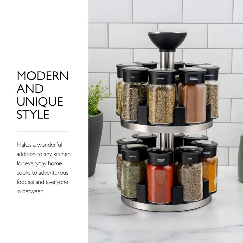 Latitude Run® Silver Stainless Steel Tiered Spice Rack - 16 Jar Manual Revolving Carousel For Easy Access