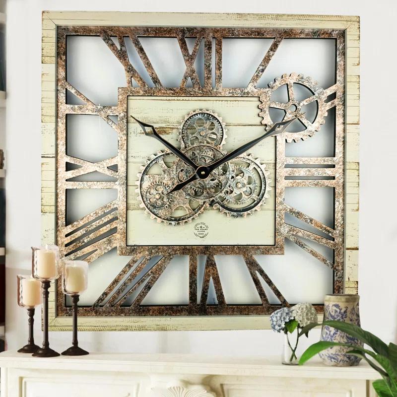 The Gears Clock Wall Clock 24" Square Oversized for Living Room decor with Real Moving Gears America Collection