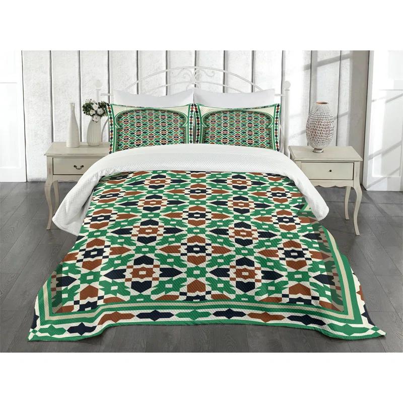 Ambesonne Retro Bedspread Set Moroccan Arch with Floral Green Brown