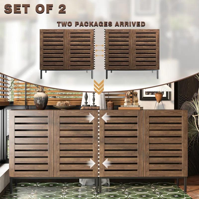 HOMEIBRO Farmhouse 61 in. W Sideboard Buffet Accent Storage Cabinet with Strip Skeleton Door and Adjustable shelves(set of 2)