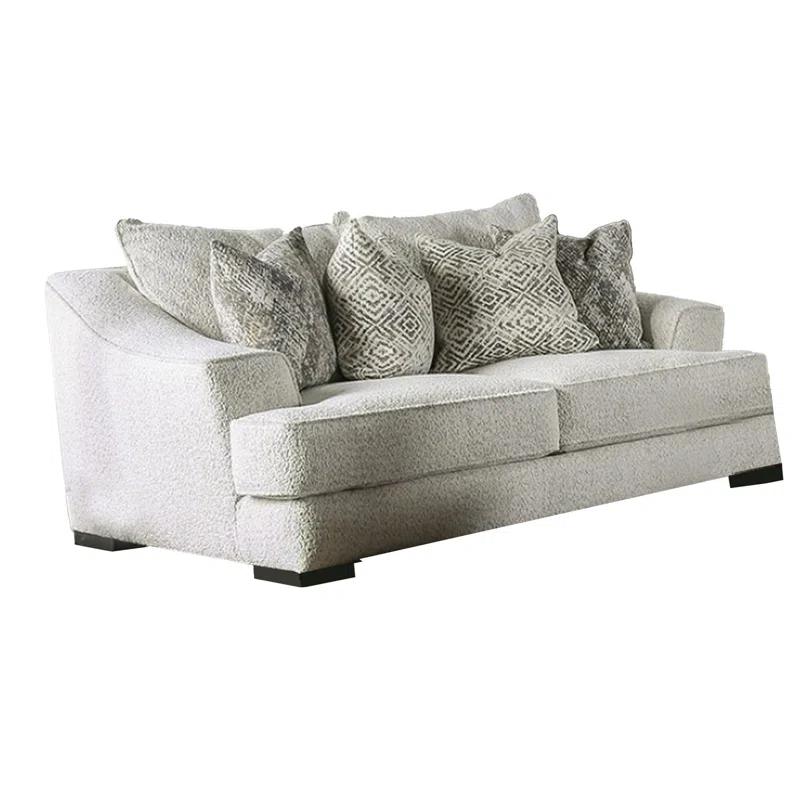 Benjara Syma Loveseat, Ivory Boucle, 4 Throw Pillows, Track Arms, 84 Inch