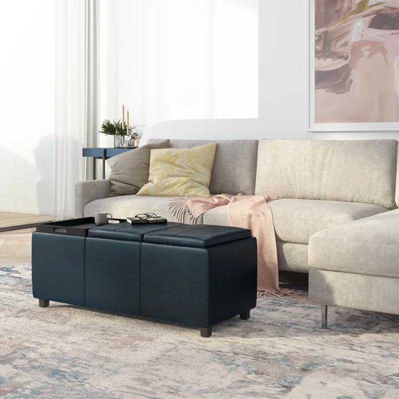 Simpli Home Avalon 42"W Upholstered Storage Ottoman with 3 Flip-Over Serving Trays