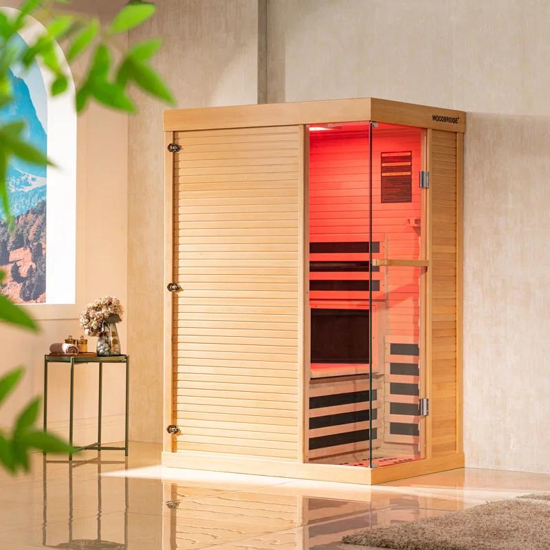 WoodBridge 1 Person Indoor Bluetooth Compatible FAR Infrared Sauna in Canadian Hemlock, Touch-Tone Keypad, LED Therapy Light