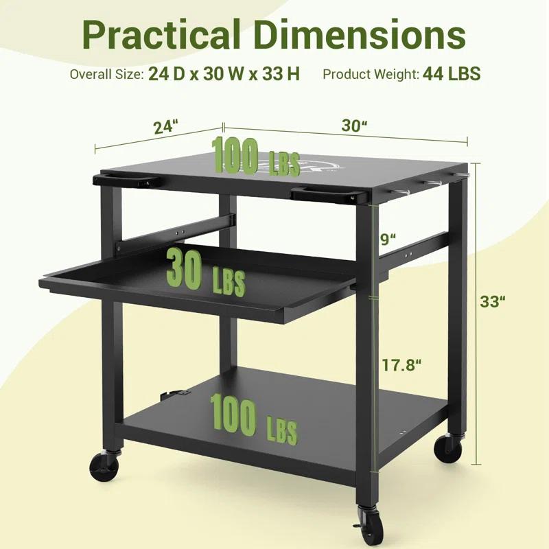 Hokku Designs Outdoor Pizza Oven & Grill Prep Table With Rolling Cart - 24"X30" Metal Top, 3-Layer Drawer Storage
