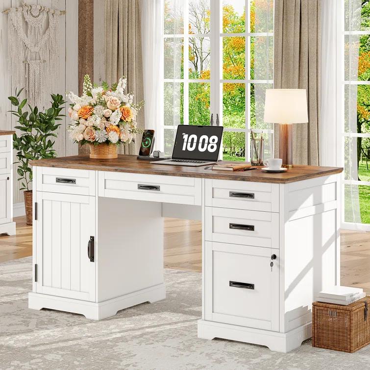 August Grove® 55'' Farmhouse Executive Desk with Drawers, File Cabinet and Power Outlets
