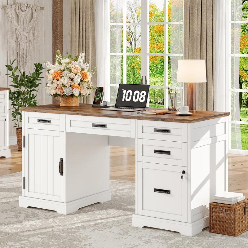 August Grove® 55'' Farmhouse Executive Desk with Drawers, File Cabinet and Power Outlets