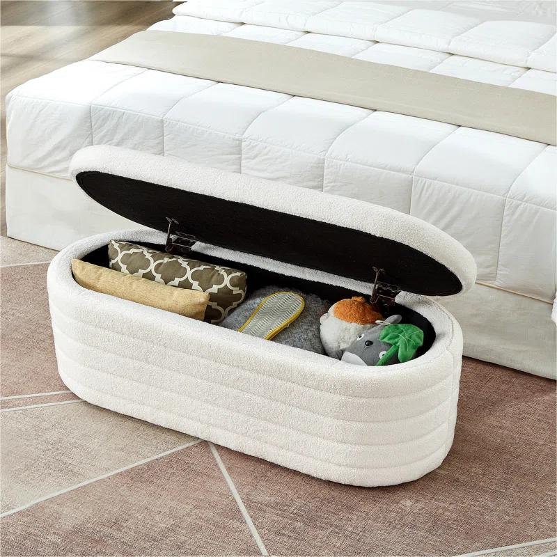Modern Oval Storage Ottoman Bench, Upholstered Boucle Teddy Fabric End Of Bed Bench With Storage, End Of Bed Stool With Safety Hinge For Bedroom, Living Room, Entryway