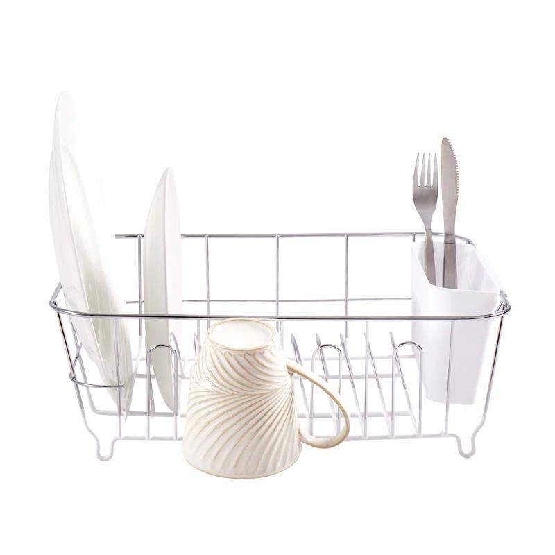 Sweet Home Collection Chrome Plated Steel 2-Piece Compact Dish Drainer with Utensil Caddy