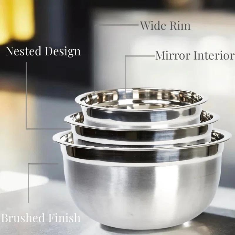 Lexi Home Food Prep Brushed Stainless Steel 3-Piece Mixing Bowl Set