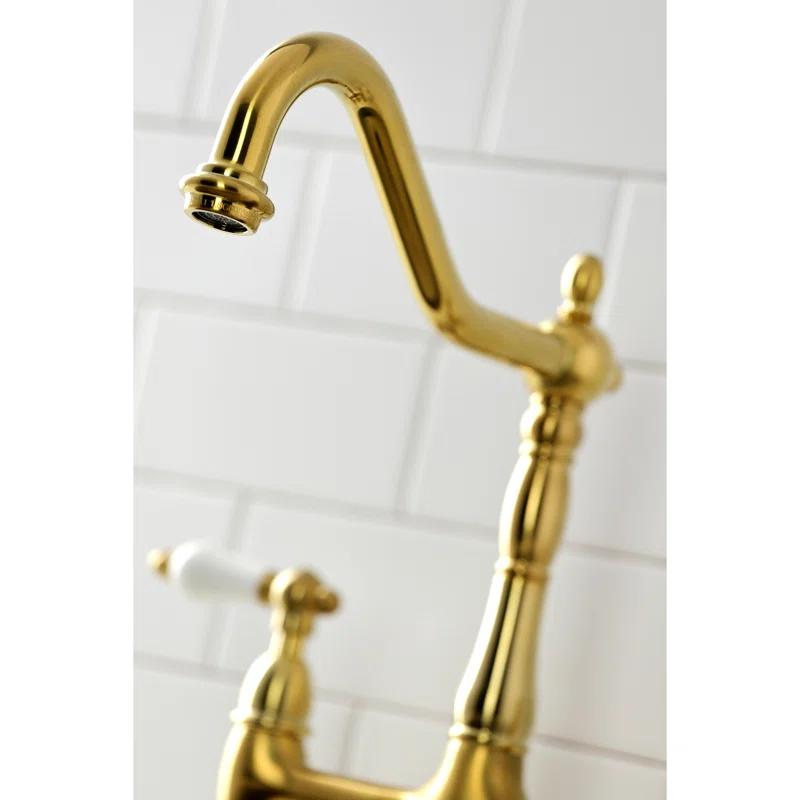 Kingston Brass Heritage Two-Handle 4-Hole Deck Mount Bridge Kitchen Faucet with Brass Side Sprayer