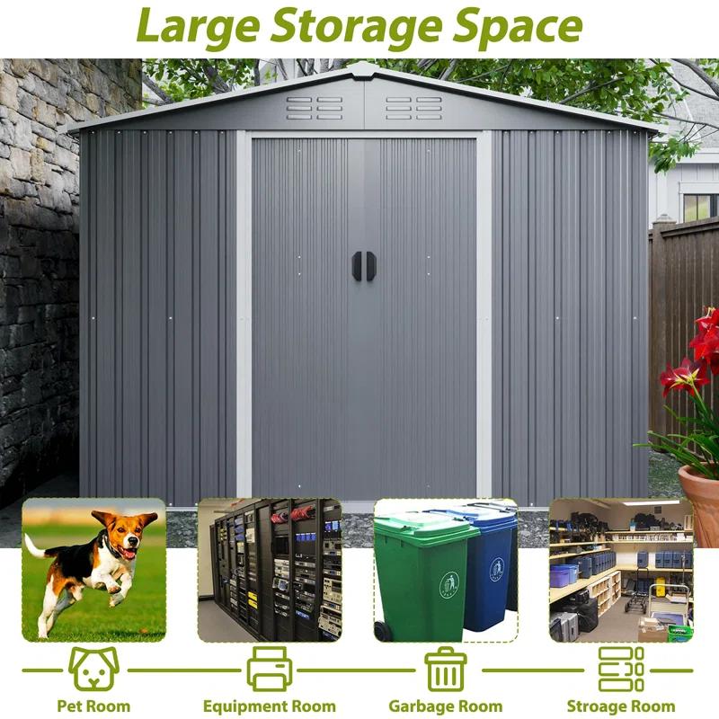 8X6 FT Outdoor Tool Storage Shed With Metal Foundation & Lockable Doors,  All Weather Metal Sheds