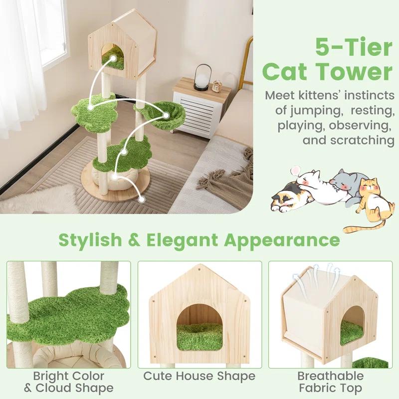 Latitude Run® Latitude Run® Wooden Cat Tree 55'' Tall Cat Climbing Stand W/ Sisal Scratching Posts Green