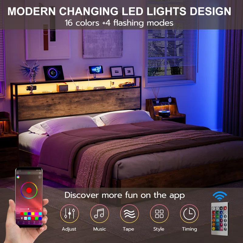 Ivy Bronx Kaiwei Storage Headboard With Led Lights & Charging Station - Industrial Metal And Wood