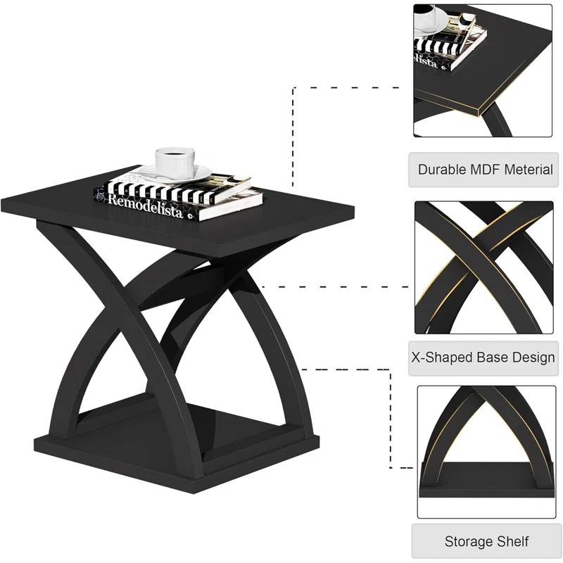 End Side Table Set Of 2, Modern End Table With Storage Shelf, X-Design Side Table Living Room