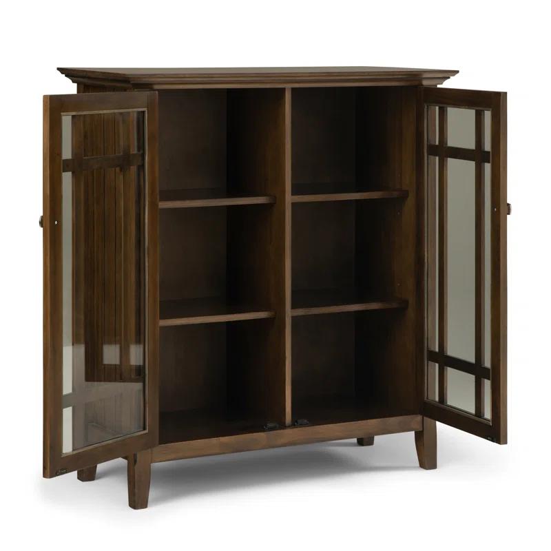 Simpli Home Bedford 39"W Solid Wood 4-Shelf Medium Storage Cabinet with Glass Doors and Adjustable Shelves
