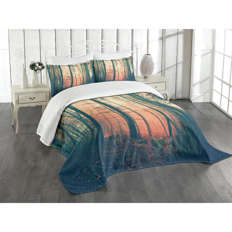 Ambesonne Ambesonne Vintage Bedspread Set Autumn Forest Woodland Coral Dark Green