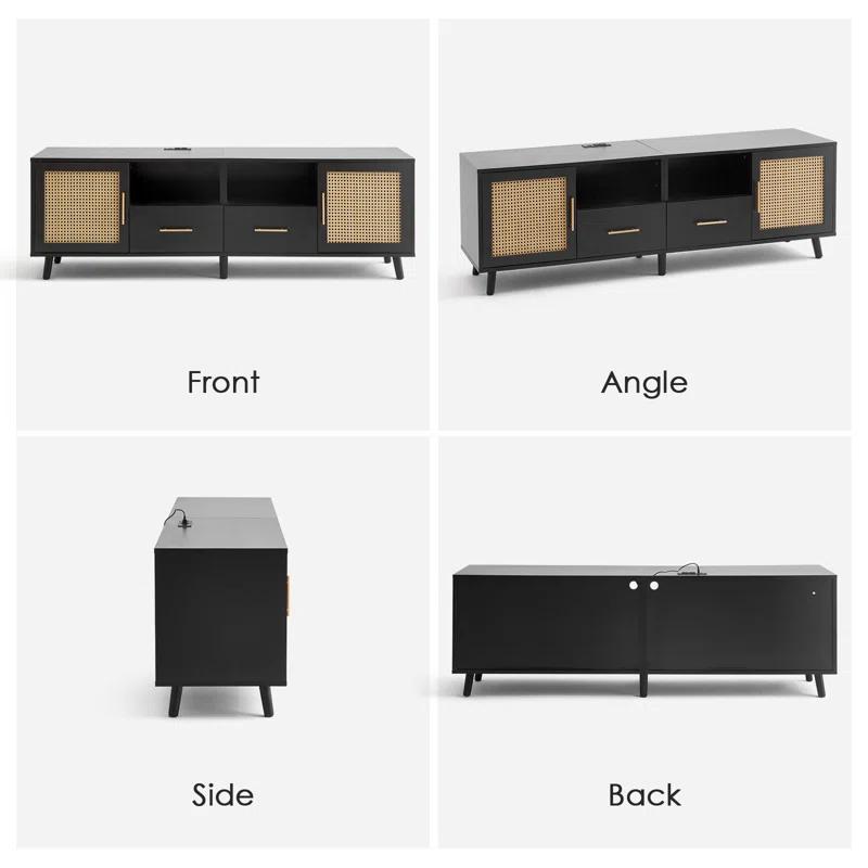 Bay Isle Home™ Heyer Large Wood Rattan TV Stand for TVs up to 75" with LED Light and Charging Station, Coastal Media Console Table, Multimedia Storage Furniture with 2 Drawers, Lighting TV Cabinet