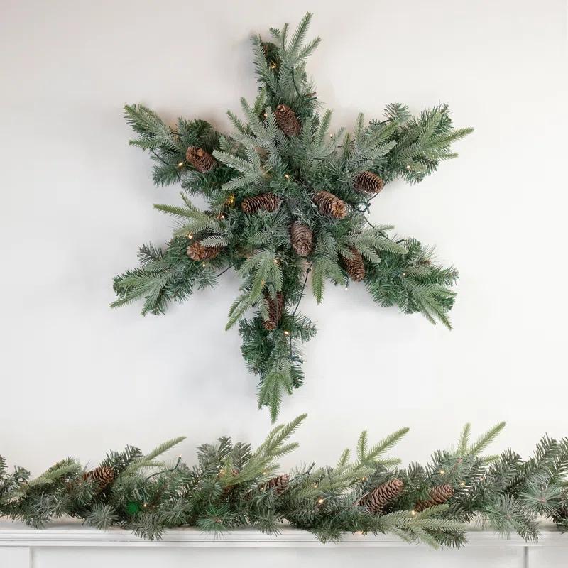 Northlight Seasonal 32" Pre-Lit Artificial Mixed Pine and Pine Cone Christmas Snowflake Wreath
