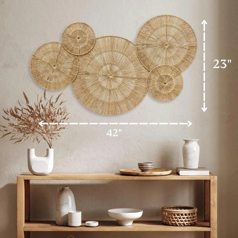 18 Inch Wicker Jute Wall Decor, Set Of 5 Large Woven Jute Wall Plates, Large Decorative Baskets For Wall Arts, 18", 14", 11", 8", 7", Farmhouse Wall Hanging For Bedroom, Living Room
