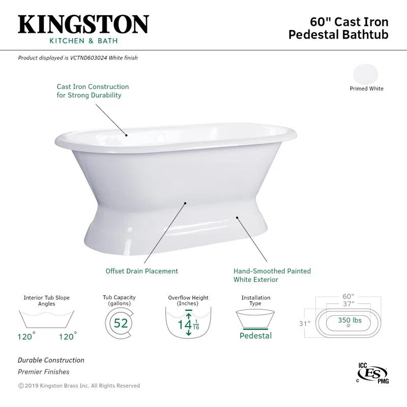 Kingston Brass VCTND603024 Kingston Brass Aqua Eden 60-Inch Cast Iron Oval Double Ended Pedestal Tub (No Faucet Drillings)