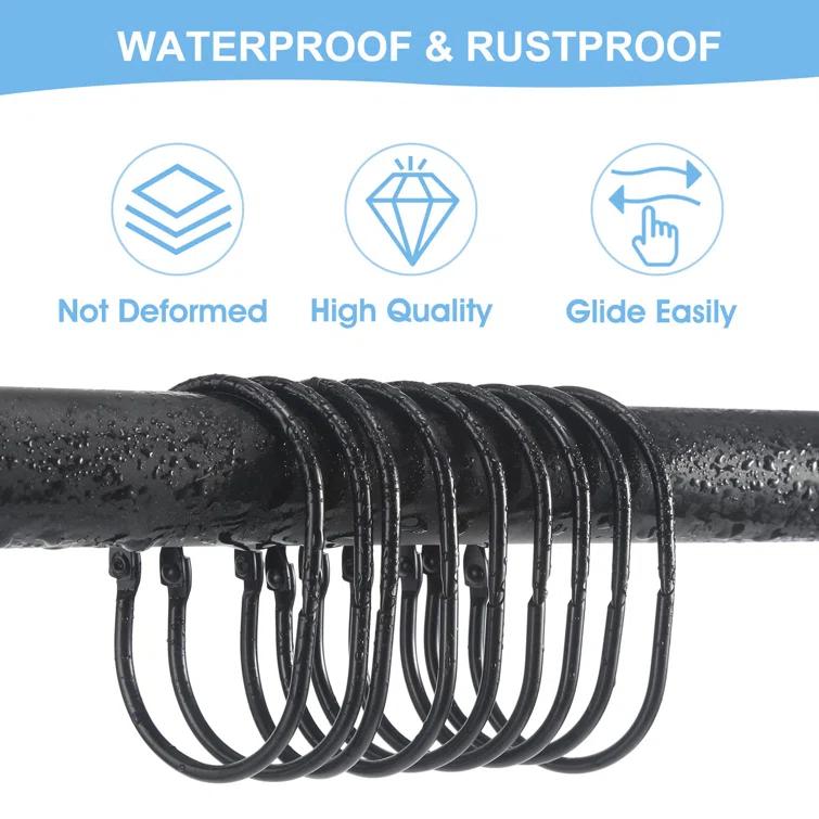 OUMIKEJI 12 Pcs Shower Curtain Hooks, Oval Snap Shower Rings For Curtain, Metal Black Shower Curtain Rings Rust Proof, Glide Smoothly Shower Hooks  (Black)