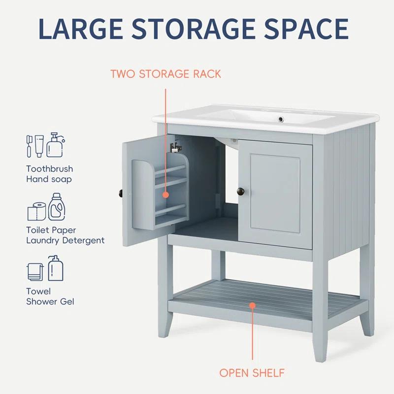 Wondrous Iconic 30" Modern Sleek Bathroom Vanity Elegant Ceramic Sink With Solid Wood Frame Open Style Shelf & Door Shelf Design