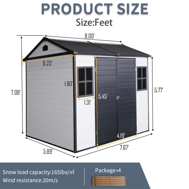 Tryimagine 8 X 6 Ft Resin Outdoor Storage Shed Waterproof Shed With Floor & Two Windows & Lockable Door, Tool Shed For Garden, Patio, Backyard