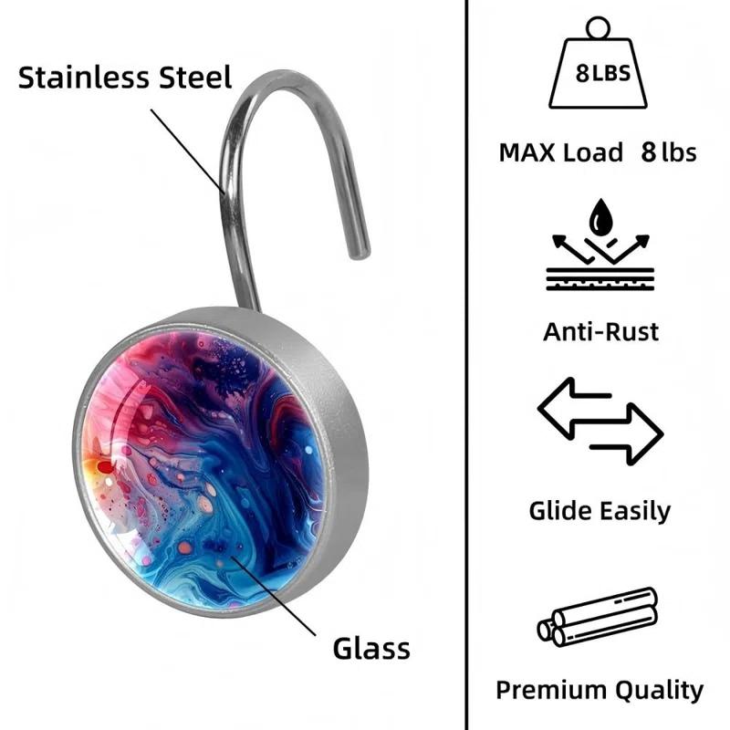 ROTSEN FURNITURE LLC. 12 Pieces Decorative Shower Curtain Hooks, Rust-Resistant Glass Finish Stainless Steel Rings