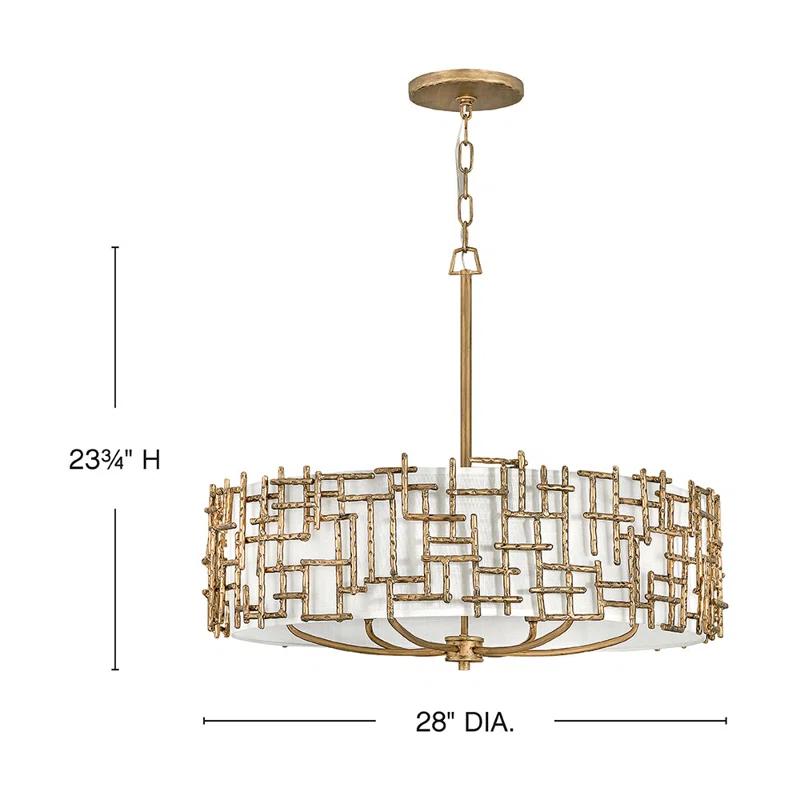 Fredrick Ramond Farrah 6-Light White Linen Drum Chandelier w/ Hammered Crosshatch Bars