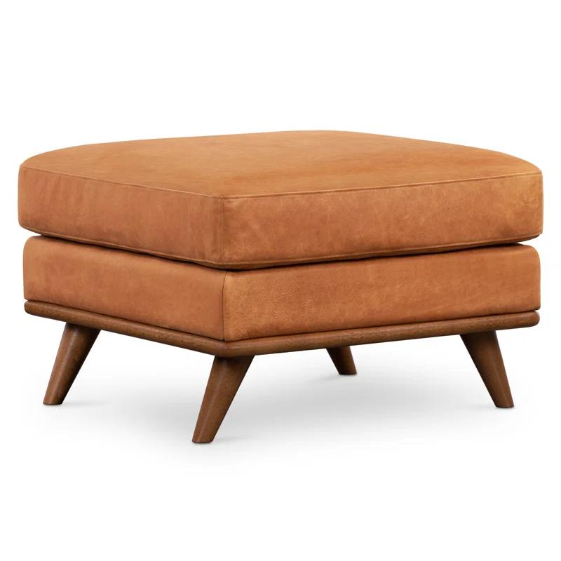 Poly & Bark Nolita Full-Grain Italian Leather Ottoman with Solid Wood Base