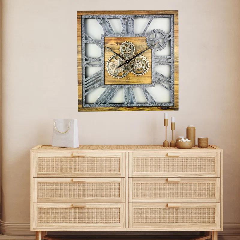 Wall Clock 24" Square Oversized for Living Room decor with Real Moving Gears America Collection